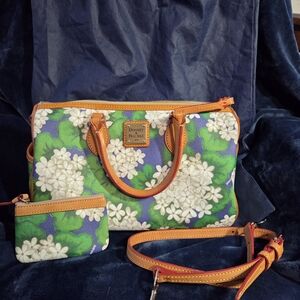 Dooney & Bourke Green Floral Leather Satchel with Orange Trim